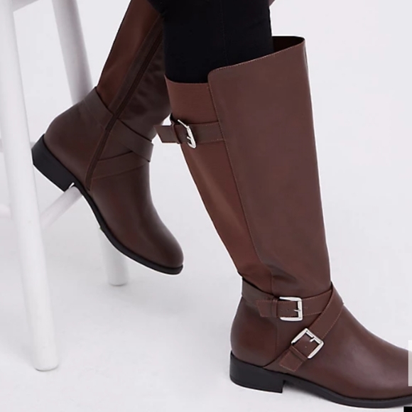 👣TORRID 🍀Brown Faux Leather Side Buckle Knee Boot - Picture 2 of 6